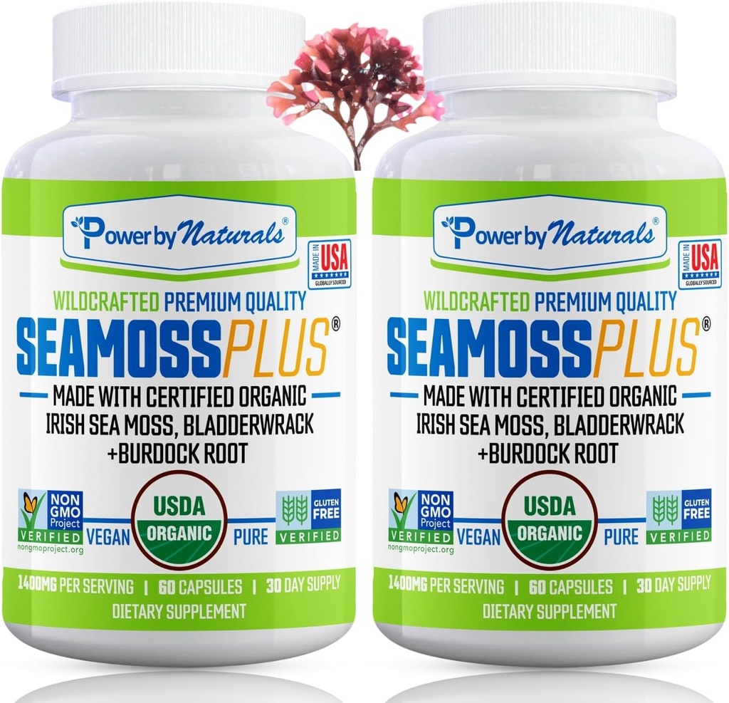 Power By Naturals Sea Moss Plus - USDA Certified Organic Wildcrafted Irish Seamoss, Bladderwrack " Burdock Root, Suplemento para la inmunidad, 60Ct, 2 Pack