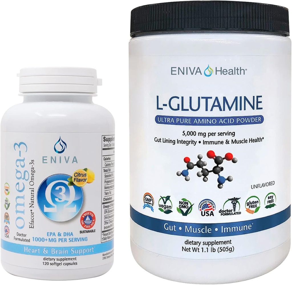 Eniva L-Glutamina Powder, 1.1-Pound y Omega-3 Fish Oil (60 caps)
