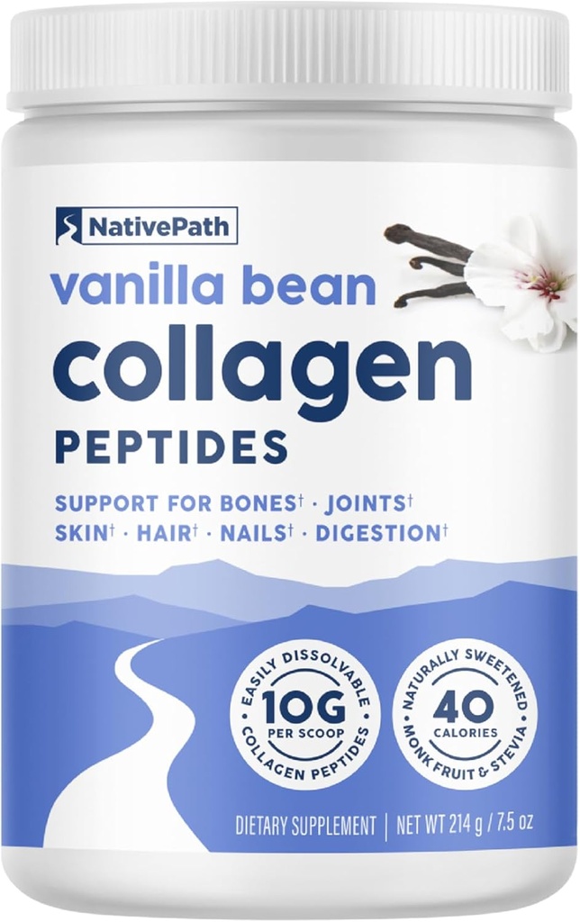 NativePath Collagen Peptides - Hidrolyzed Tipo 1 & 3 Collagen. Keto & Paleo Grass-Fed Protein Powder for Hair, Skin, Nails, Bones, Joints, Digestion and More - No Gluten or Dairy (Vanilla Bean, 214g)