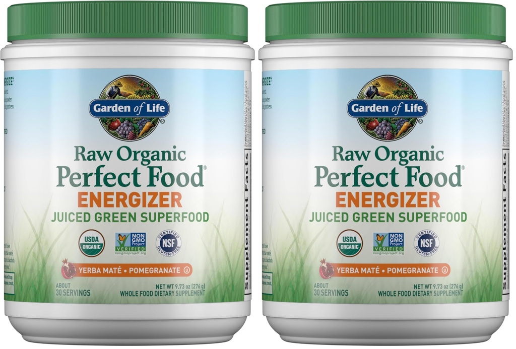 Garden of Life Raw Organic Perfect Food Energizer Juiced Green Superfood Powder Yerba Mate Pomegranate, 30 Servings, Green Superfood Powder & Probiotics, Gluten Free Whole Food (Pack of 2)