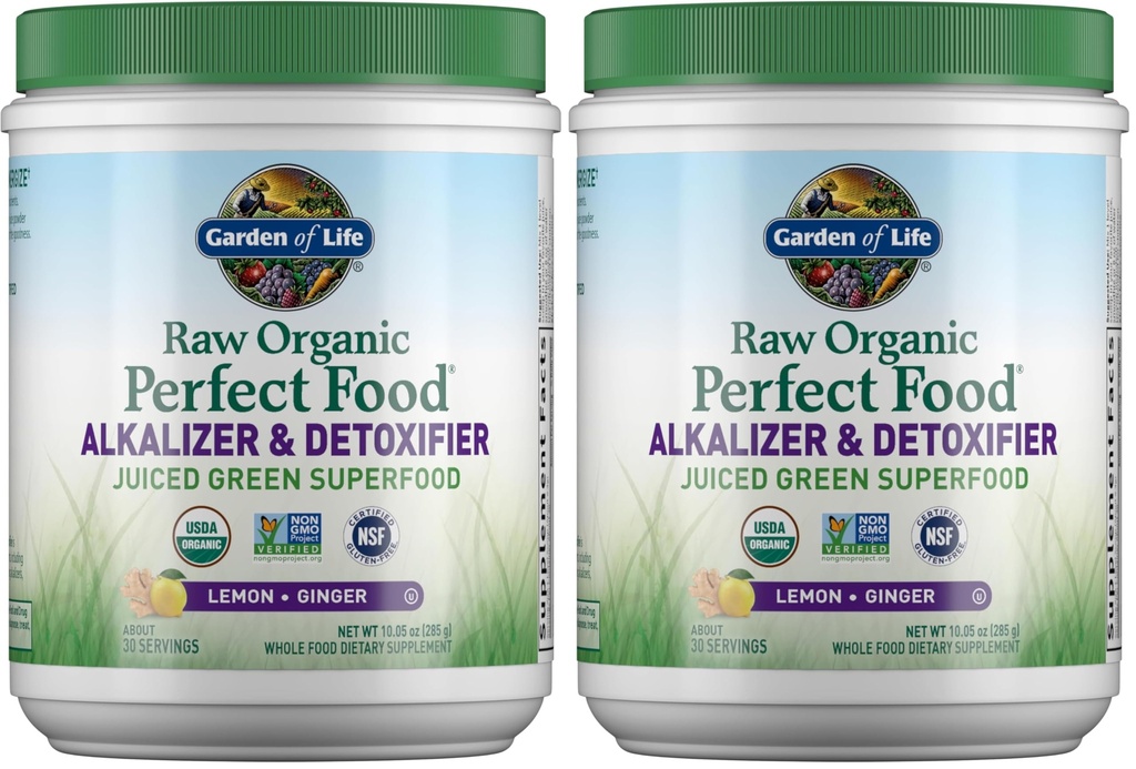 Garden of Life Raw Organic Perfect Food Alkalizer and Detoxifier,Lemon Ginger Flavored Superfood Powder Supplement,30 Servings,(Pack of 2)