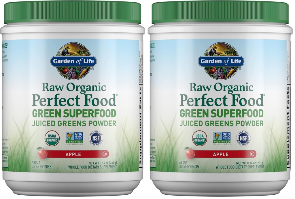 Garden of Life Raw Organic Perfect Food Green Superfood Juiced Greens Powder - Apple Flavor,30 Servings - Vegan Gluten Free Whole Food Dietary Supplement,Greens Plus Probiotics & Enzymes,(Pack of 2)