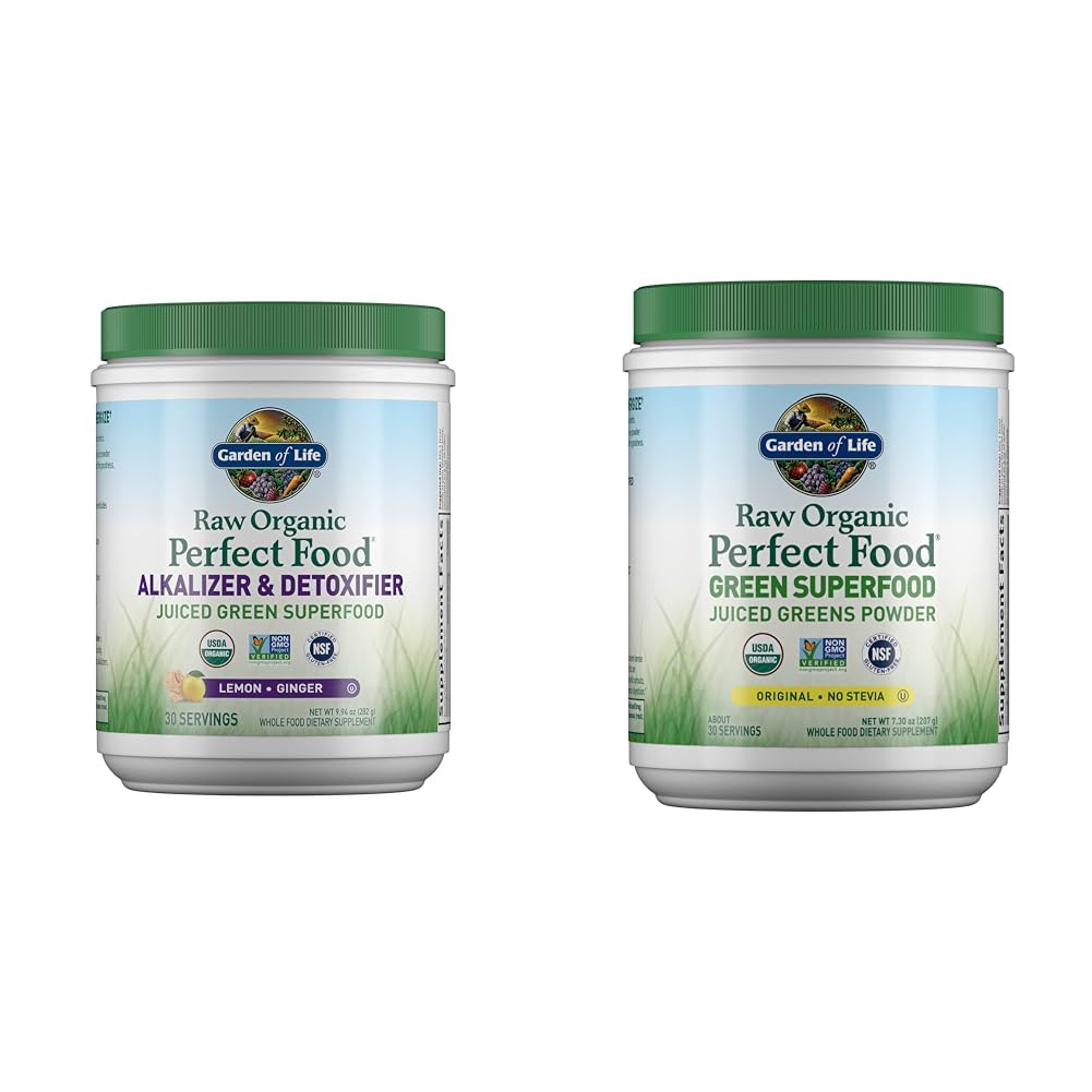 Garden of Life Raw Organic Perfect Food Alkalizer & Detoxifier Juiced Greens Superfood Powder & Raw Organic Perfect Food Green Superfood Juiced Greens Powder - Original Stevia-Free