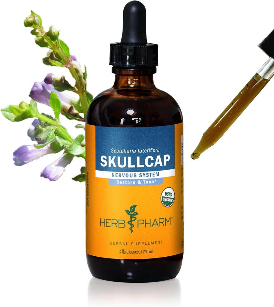 Herb Pharm Certified Organic Skullcap Liquid Extract for Nervous System Support, Organic Cane Alcohol, 4 Ounce