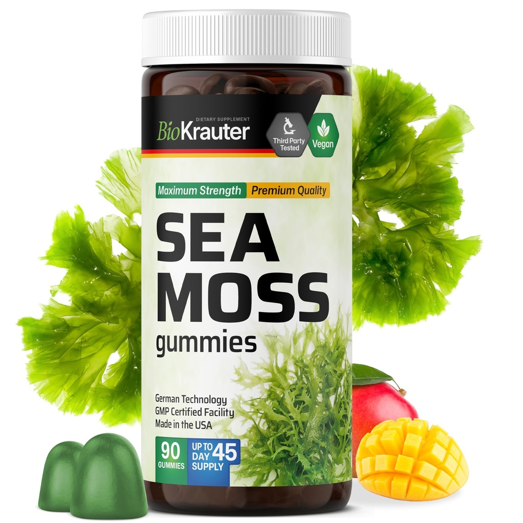 BIO KRAUTER Irish Sea Moss Gummies for Women and Men - 2840 mg Strength - 90 Vegan Chews - Bladderwrack & Burdock Root Suplemento - Chondrus Crispus Formula - Seamoss Gummies