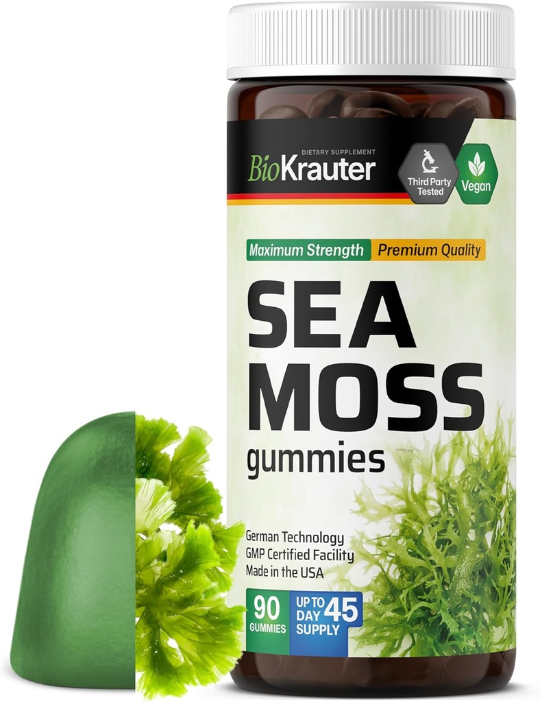 BIO KRAUTER Irish Sea Moss Gummies for Women and Men - 2840 mg Strength - 90 Vegan Chews - Bladderwrack & Burdock Root Suplemento - Chondrus Crispus Formula - Seamoss Gummies