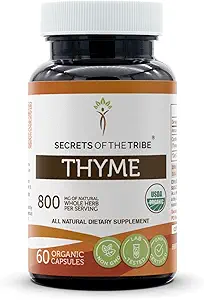 Secretos de la Tribu Thyme USDA Organic 60 Capsules ← Hecho con cápsulas vegetarianas y tomillo orgánico certificado (Thymus Vulgaris) Hoja seca (60 cápsulas)