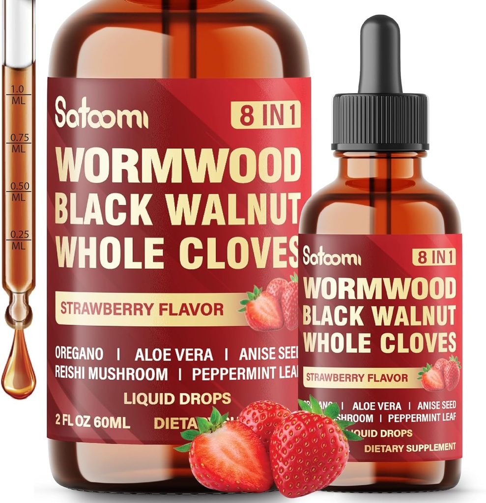 Satoomi 8in1 Wormwood Liquid Drops with Black Walnut, Whole Cloves and 5 Más - 60ml for 60 Days Supply
