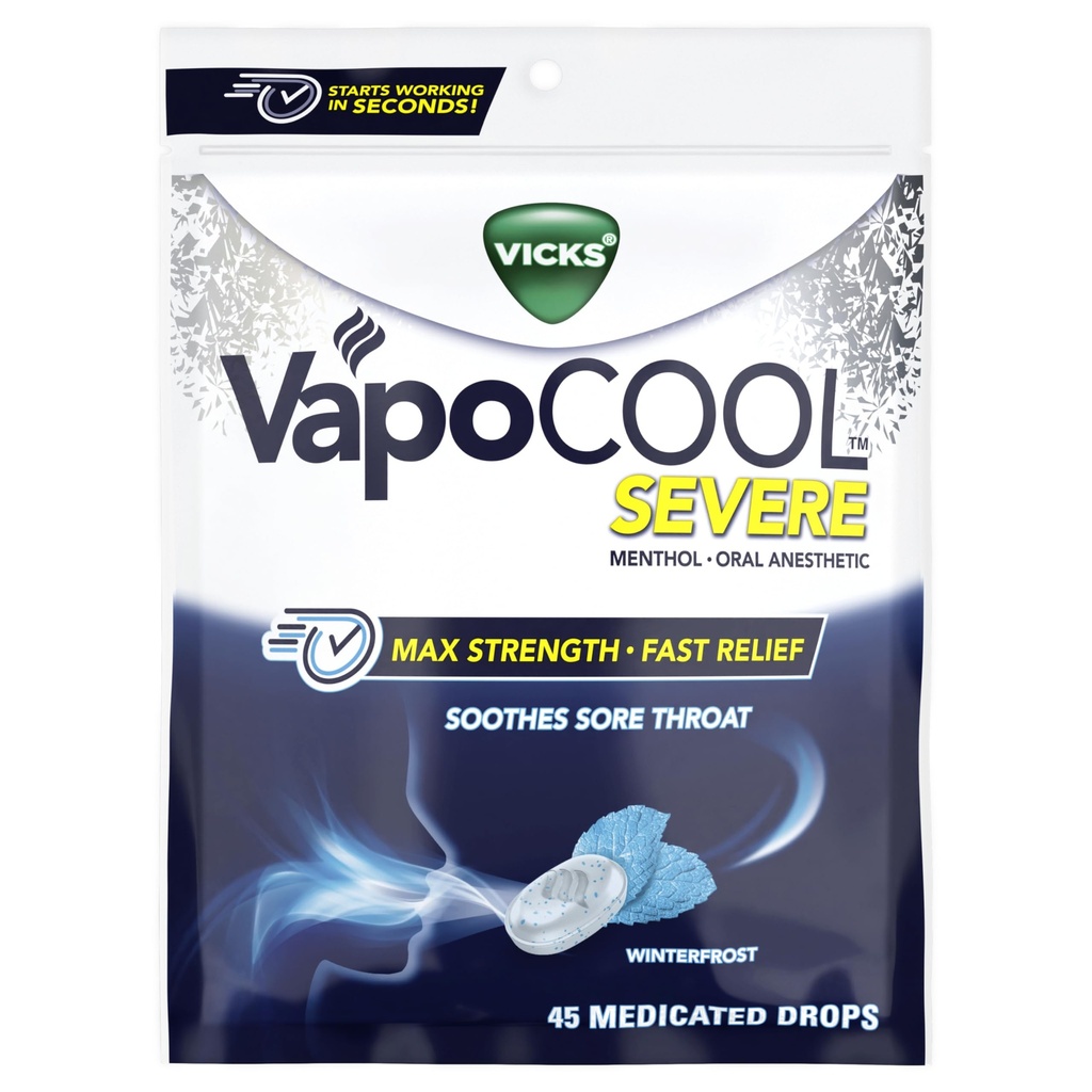 Vicks VapoCool Severe Medicated Sore Throat Drops, Max Strength Menthol, Soothes Sore Throat Pain, Winterfrost Flavor, 45ct