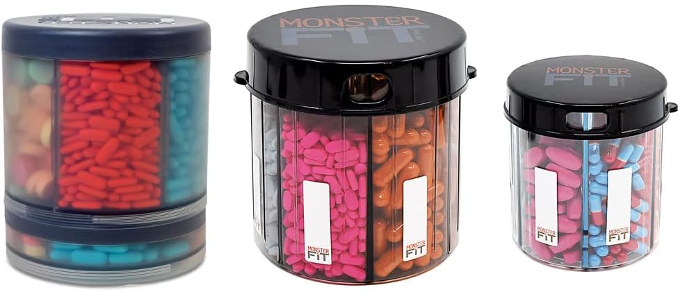Monster Suplemento dispensador de la pila de medicamentos con etiquetas departamento - Extra Large Pill Container Bottle Handles Casi cualquier suplemento - Fácil de dispensar (3 Pack - Monster, Monster Jr & Monster Ten)