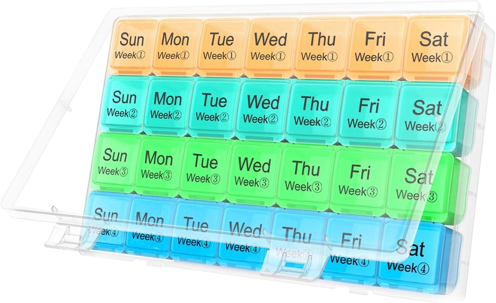 Gran organizador de píldoras mensuales 28 días Organizador de medicamentos Almacenamiento por semana,Extra grandes componentes Caso de polvo-proofo de la píldora Medicación Recordatorio Contenedor de viajes para vitaminas/Fish Oil/Supplements