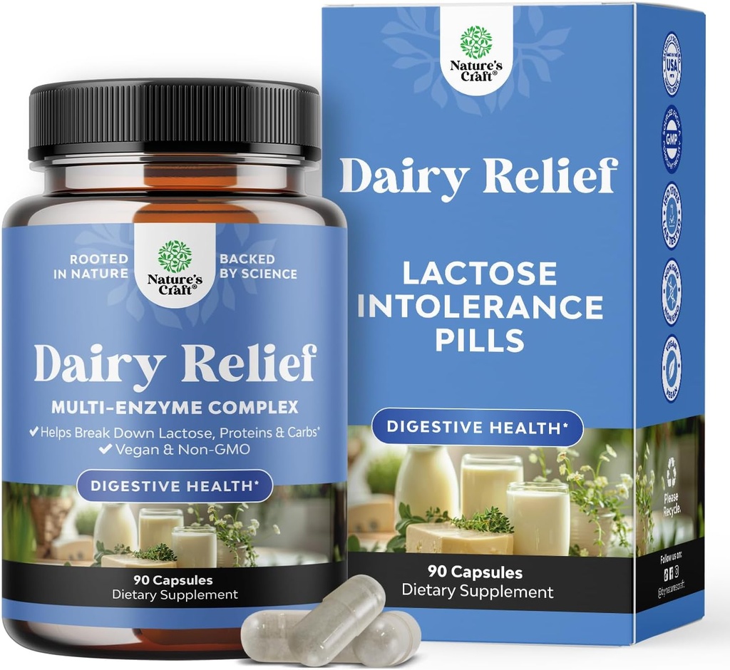 Lactose Intolerance Pills 90 Days Supply - Fast Acting Dairy Digestive Enzymes - Dairy Relief Pills for Digestion, Bloating, Gas and Carb Protein - Digestion Supplement for Lactose Intolerance Relief