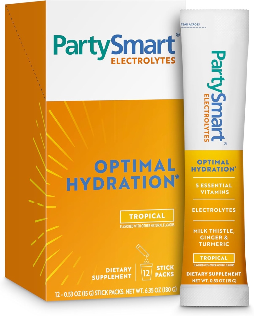 Himalaya PartySmart Tropical Electrolytes Powder Packets, 12 Cuenta, apoya la hidratación, el rehidrato con sodio & potasio, vitamina C &amp; Más, recuperación antioxidante Ligero Thistle, Ginger &amp; Turmeric