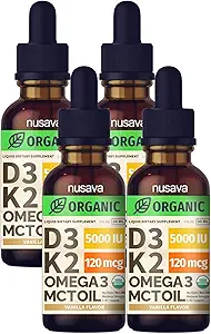 (4 Pack) Vitamina Orgánica D3 K2 gotas con MCT Oil Omega 3, 5000 UI, Maximum Strength Vitamin D Liquid - No Fillers, No GMO Liquid D3 para Absorción de Faster &amp; Immune Support (Vanilla, 4 Fl Oz)
