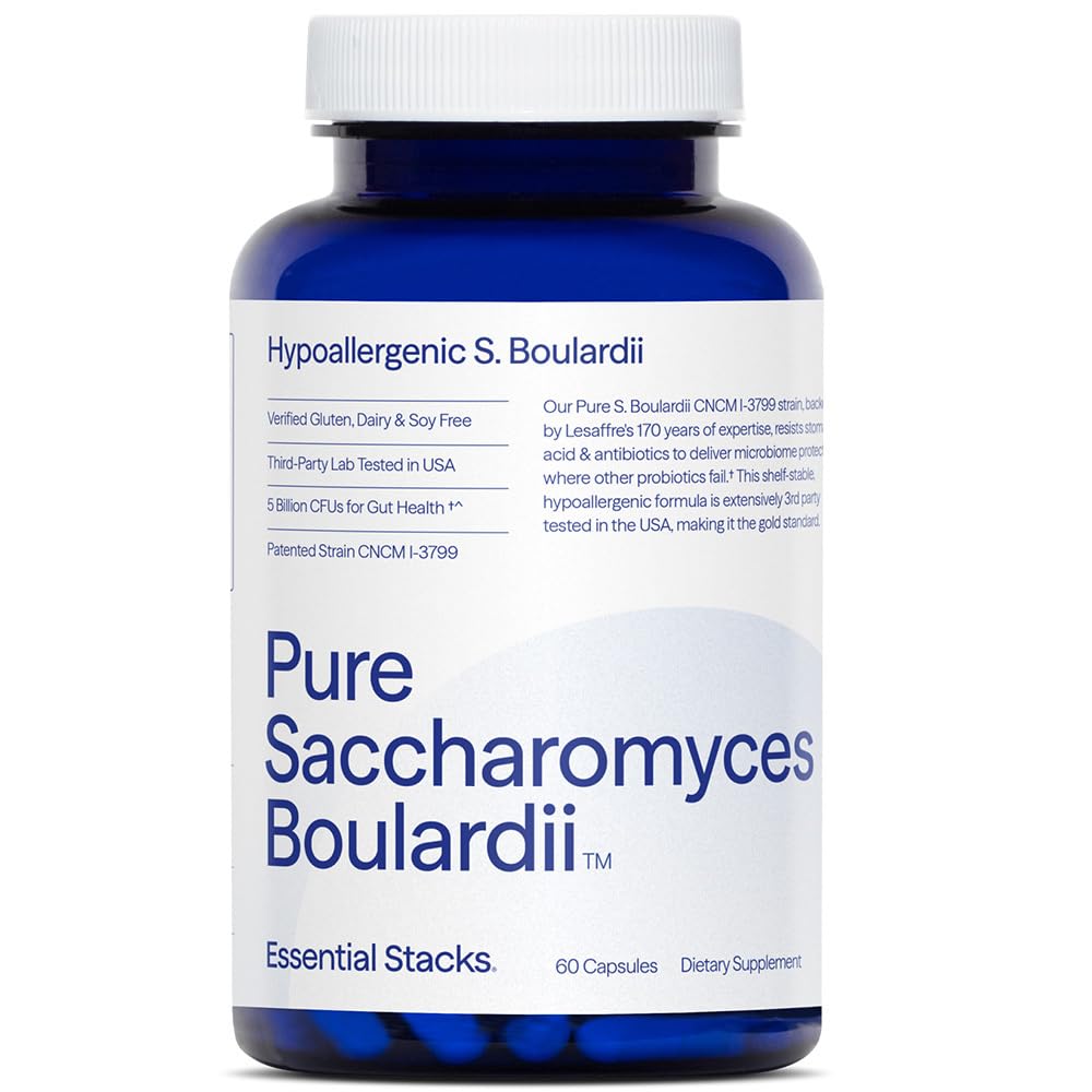 Estaciones esenciales Saccharomyces Boulardii Probiotics (No-GMO &amp; Gluten Free) - 5 millones de UFC para Gut Health (60 cápsulas)