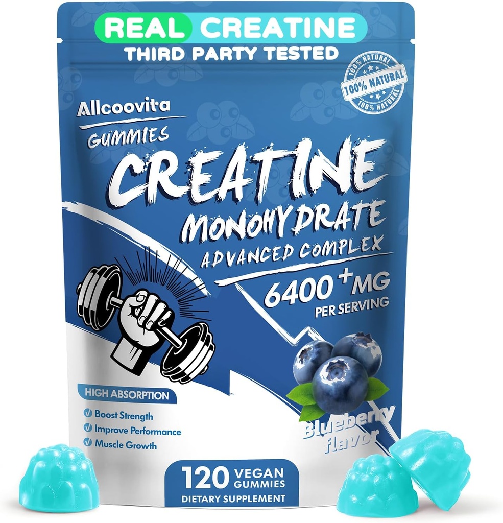 Complejo de Gummies de Monohidrato de Creatina para Hombres - 120 Gummies Fórmula Avanzada, L-Taurina + Vitamina B12 para Estrés Musculo, Constructor de Muscles, Boost de Energía, Suplemento de Pre-Workout -Blueberry