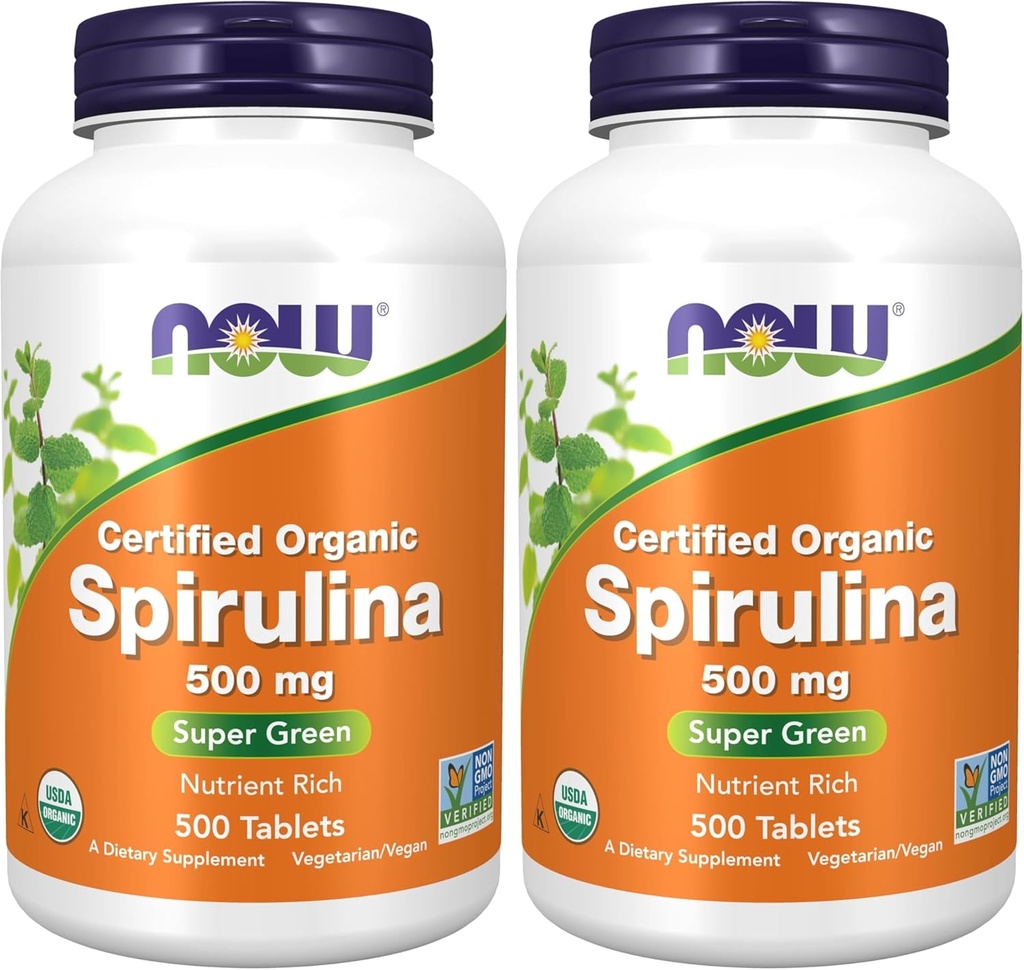 AHORA Suplementos, Espirulina orgánica 500 mg con vitaminas, minerales y GLA (ácido gamma-leninista), 500 Tabletas (Pack de 2)