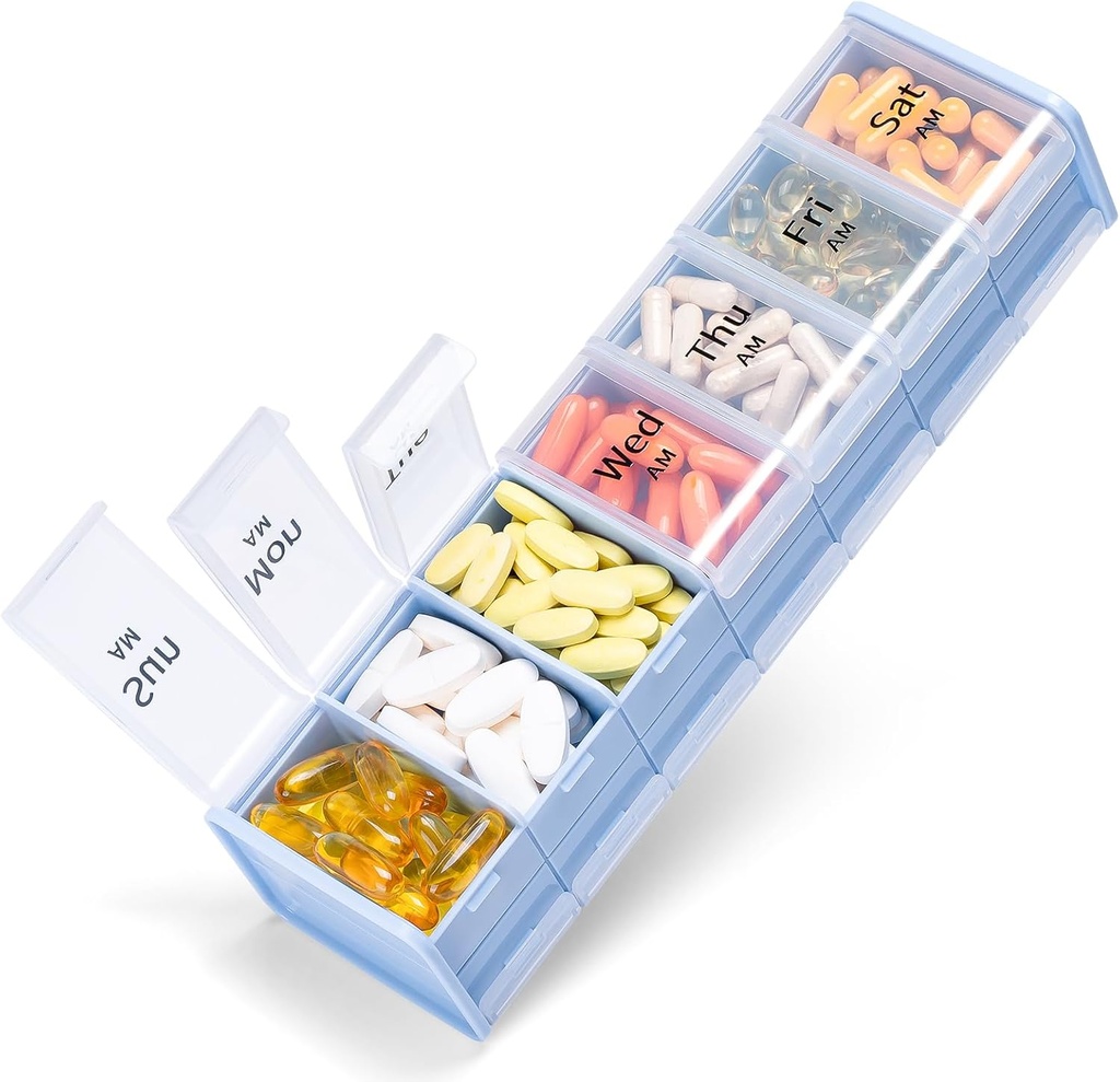 Extra Large Weekly Pill Organizer 2 veces al día - Betife 7 Day Pill Box, AM PM Pill Case with Double Layer Jumbo Compartment for Pills, Vitamina, Fish Oil, Supplements(Blue/White)