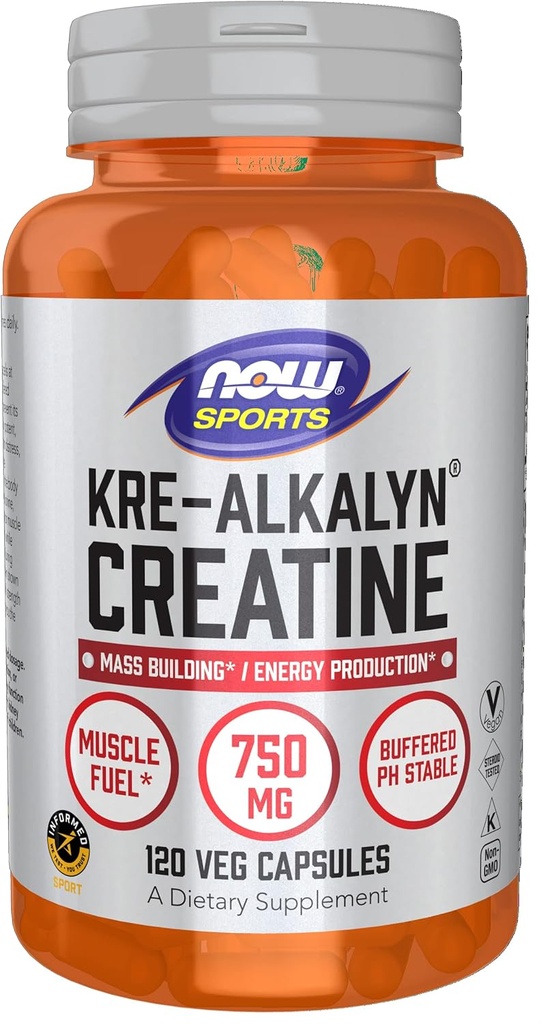 NOW Foods Sports Nutrition, Kre-Alkalyn Creatine 750 mg, Mass Building*/Energy Production*, 120 Veg Capsules