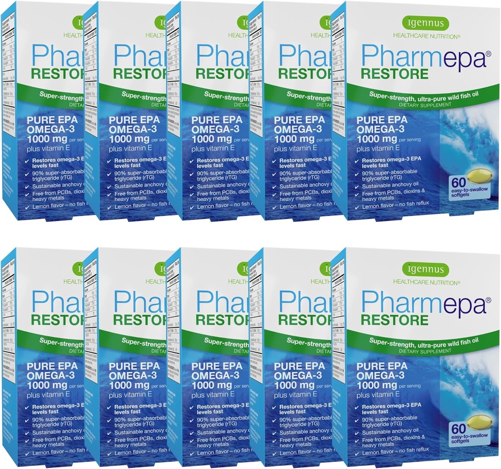 Igennus Pharmepa Restore, Pura EPA 1000mg, Omega 3 rTG Fish Oil, IFOS Certified, Alta Absorción, 90% Concentración Triple Strength, Wild &amp; Sustainable, Lemon Flavor, 10-Month Supply, Pack of 10