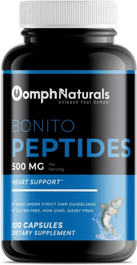 Bonito Peptides, 500mg Bonito Fish Extract, 100 Capsules 100 Day Supply, Non-GMO, Gluten Free, Supplement for Heart Health