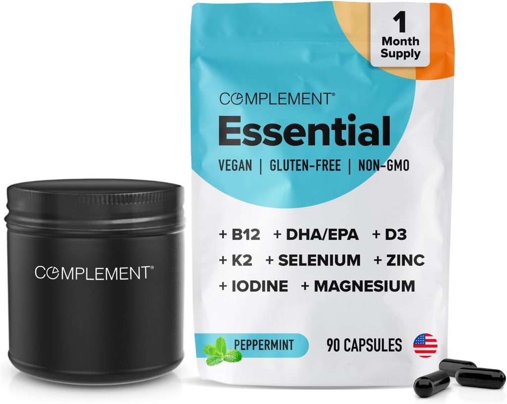 Complemento Vegan Multivitamínico para Mujer &amp; Hombre Omega 3 DHA+EPA, Vitamina B12, Vitamina D3 K2, Zinc, Selenium, Magnesium, Iodine Supplement- Immune Support- 90 Count, Incluye Jar