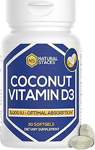 NATURAL STACKS Vitamina D 5000 Suplemento UI - con aceite de coco para absorción óptima - píldoras de vitamina D para el crecimiento celular de la inmunidad - D3 125mcg Cholecalciferol Suplemento - 30 D3
