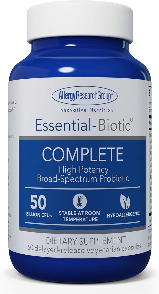 Allergy Research Group Essential-Biotic Complete Supplement - High Potency Probiotics for Men &amp; Women, Supports Gut & & Digestive Health, 50 Billion CFUs, Delayed-Release Vegetarian Capsules - 60 Count