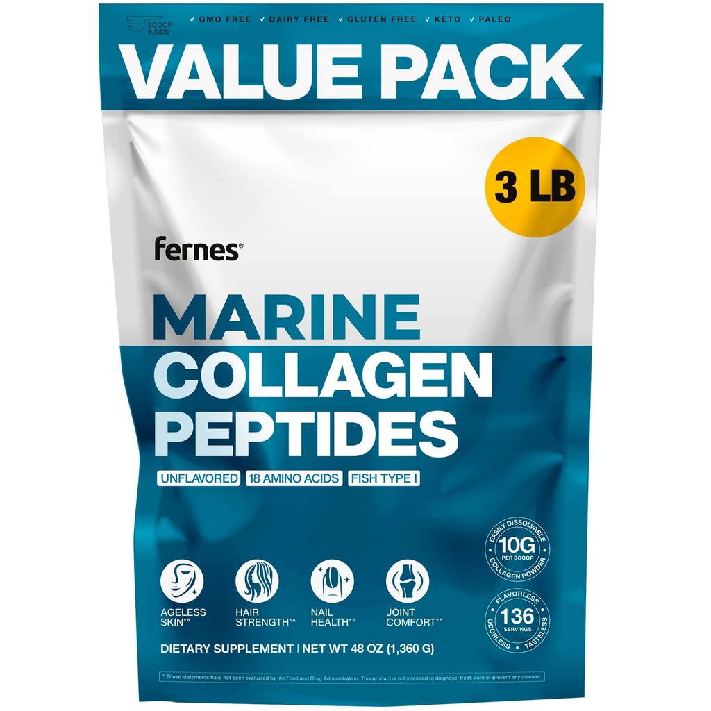 Marine Collagen Peptides for Women Men (3LB) Fish Type I Flavorless & Odorless Easy-Mix Hydrolyzed Protein Joint Hair Skin Wound Healing & Nail Support Gluten-Free Non-GMO Keto Paleo Kosher