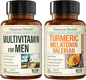 Mens Multivitamins + Turmeric Melatonin Valerian Bundle for Joint Support and Discomfort Relief, Immune Health &amp; Inflammatory Response
