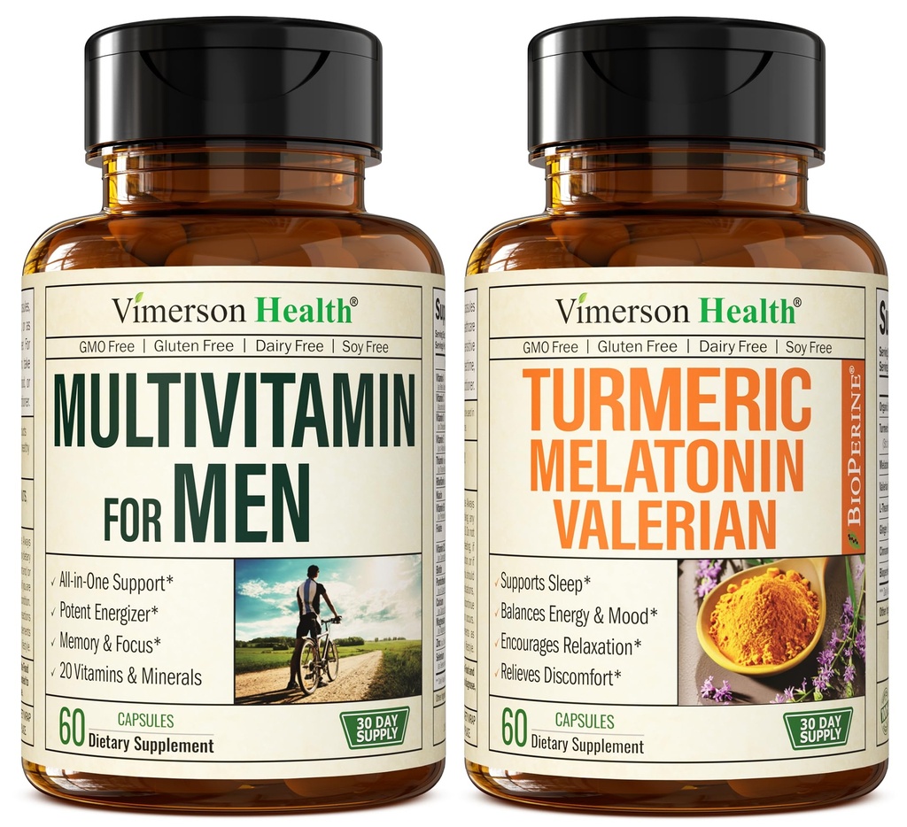 Mens Multivitamins + Turmeric Melatonin Valerian Bundle for Joint Support and Discomfort Relief, Immune Health &amp; Inflammatory Response