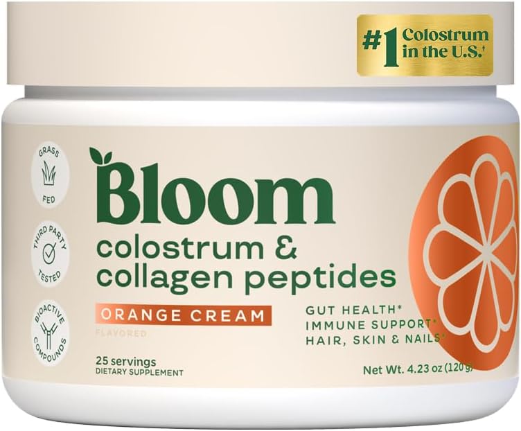 Bloom Nutrición Bovine Colostrum Powder con vitamina B-12 para Gut Health, Apoyo Inmunitario, Crecimiento del cabello &amp; Belleza Suplemento ¦ Orange Cream, 25 Servimientos