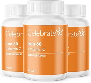 Celebrar vitaminas Suplemento de hierro con vitamina C - 60 mg de hierro, vitamina C de 60 mg, vitaminas barátricas para pacientes de WLS, hendidura vertical y cirugía de derivación gástrica (90 cápsulas)