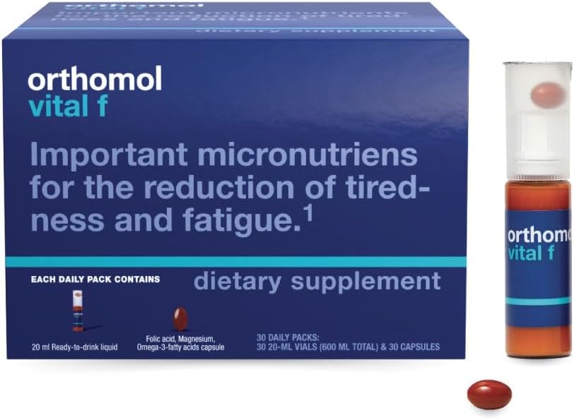 Orthomol Vital F Vial for Women, Suplemento de vitaminas de 30 días – Energía diaria, reducción de fatiga " Vitalidad Soporte con vitaminas A, B, C, D, E, K, Omega-3 " Yodo