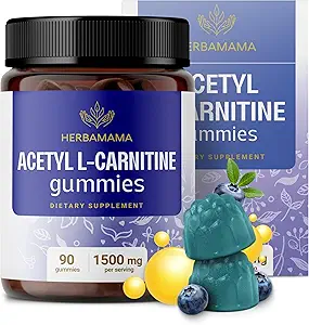 HERBAMAMA ALCAR Acetyl L-Carnitine 1500mg Gummies - L Carnitine Supplement for Energy, Focus & Brain Support - Vegan, Non-GMO - 90 Pectin-Based Blueberry-Flavored Chews