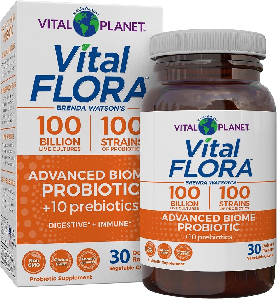 Vital Planet - Vital Flora Advanced Biome Probiotic 100 Billion CFU, 100 Diverse Strains, 10 Prebióticos Orgánicos, Apoyo Inmunitario, Probióticos de Salud Colon y Digestivo para Mujeres y Hombres 30 cápsulas