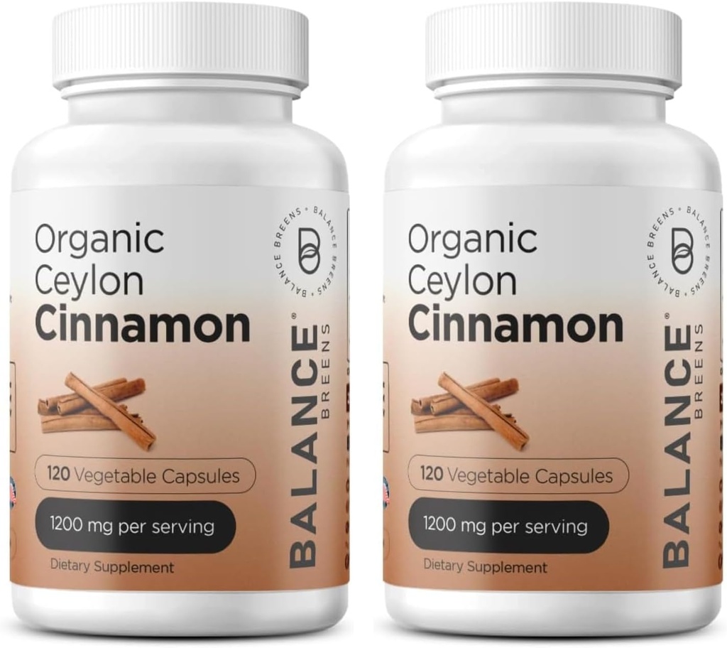 Balancebreens Certified Organic Ceylon Cinnamon 1200mg Suplemento - 120 Veg Capsules - Heart, Brain and Joint Function Support - No Filler Pills (Pack of 2)