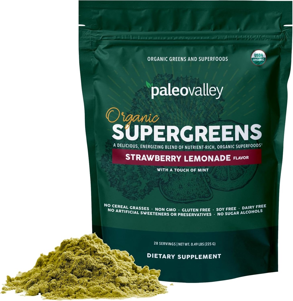 Paleovalley Ecológico Supergreens - Ecológicos Verdes Polvo Superalimentos para Apoyo Inmunitario - Paleo Green Powder Blend - 28 Serviciones - 23 Ecológico Superalimentos - Gluten Gratis, No Cereal Grasses, Soy o Grain