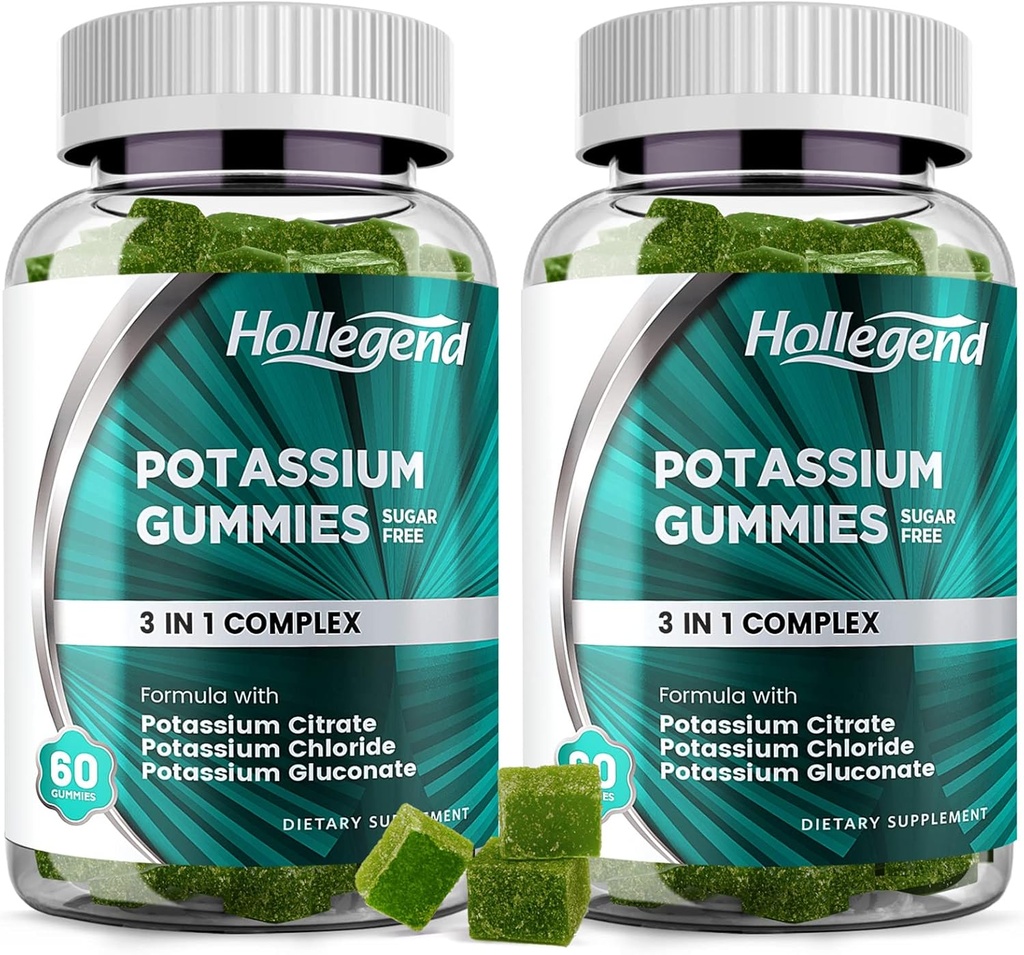 Potasio 3 en 1 Complejo Gummies Azúcar Libre, Nueva Fórmula con Citrato de Potasio de 99 mg, Cloruro de Potasio, Gluconato de Potasio, Lámparas &amp; Suplementos musculares, 120 Chewables