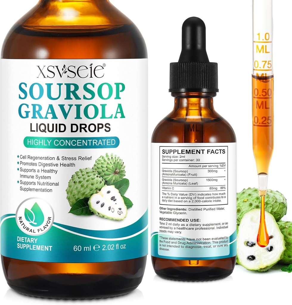 Soursop Graviola Liquid Drop, Soursop Oil for Support &amp; Regeneration, Immune Boost, Relax, Liver and Sleep, Soursop Bitters Liquid, Vegan, Sugar & Gluten Free, Natural Flavor, for Men &amp; Women-2 Fl Oz