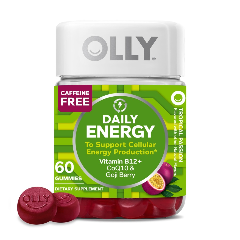 OLLY Daily Energy Gummy, Caffeine Free, Vitamina B12, CoQ10, Goji Berry, Suplemento Chewable Adulto, Tropical Flavor - 60 Cuenta