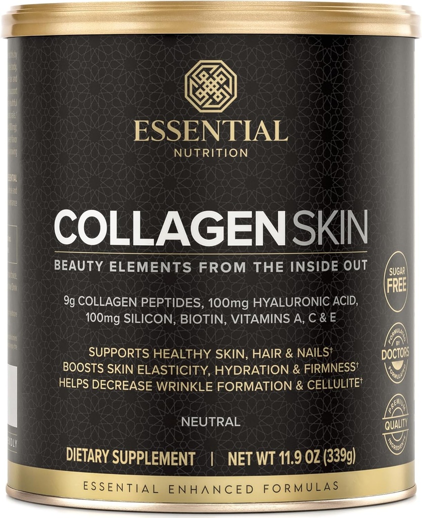 Esquía de colágeno de nutrición esencial - Péptidos de colágeno hidrolizado, con ácido hialurónico, silicona " Biotina - cabello, piel " uñas - Neutral - 11.9 oz (30 piezas)