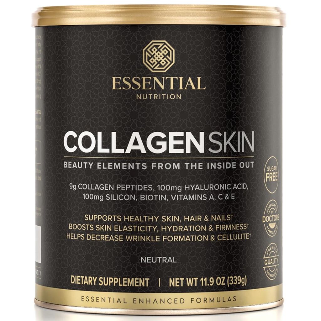Esquía de colágeno de nutrición esencial - Péptidos de colágeno hidrolizado, con ácido hialurónico, silicona " Biotina - cabello, piel " uñas - Neutral - 11.9 oz (30 piezas)