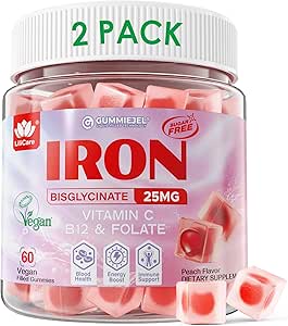 Suplemento de Hierro Vegano para Mujeres 25 mg, Gummies de Hierro Libre de Azúcar con Vitamina C, Methy B12, Folate for Energy Boost, Iron Deficiency, No After Taste, Peach Flavor - 60 Conde (Pack de 2)