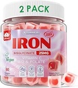 Suplemento de Hierro Vegano para Mujeres 25 mg, Gummies de Hierro Libre de Azúcar con Vitamina C, Methy B12, Folate for Energy Boost, Iron Deficiency, No After Taste, Peach Flavor - 60 Conde (Pack de 2)