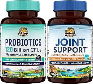 Vitalitown Probiotic + Glucosamine Chondroitin MSM Bundle (Pack of 2) ¦ Probiotics 120 Billion CFUs (Item 1) & Joint Support* (Item 2) ← 30 Probiotic Capsules & 90 Joint Capsules