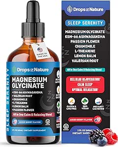 Magnesium Glycinate " Ashwagandha Liquid Drops with Valerian Root, Chamomile, Passion Flower, Lemon Balm " L-Theanine - Vegan Fast Absorption - Supplement for Wellness " Relaxation (Mixed Berry, 60mL)