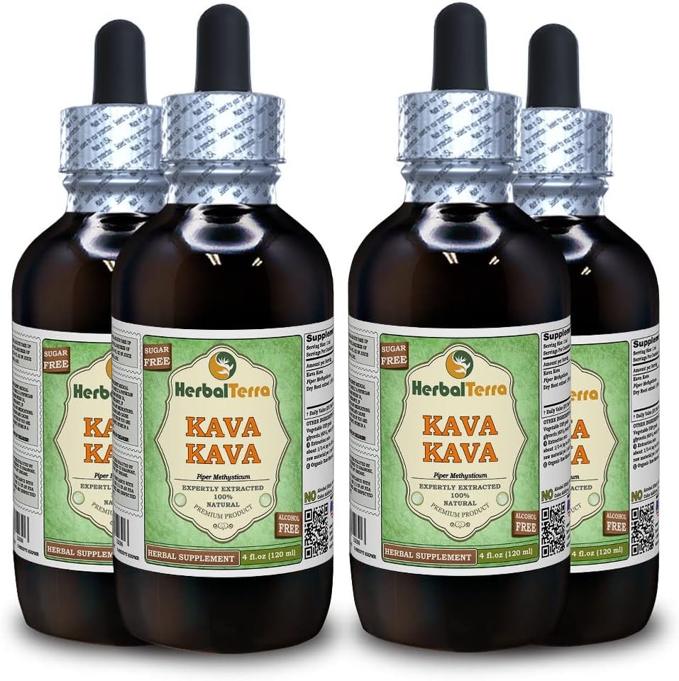 Kava Kava (Piper Methysticum) Glycerite, Dried Root Alcohol-Free Liquid Extract (Marca: HerbalTerra, Proudly Made in USA) 4x4 fl.oz (4x120 ml)