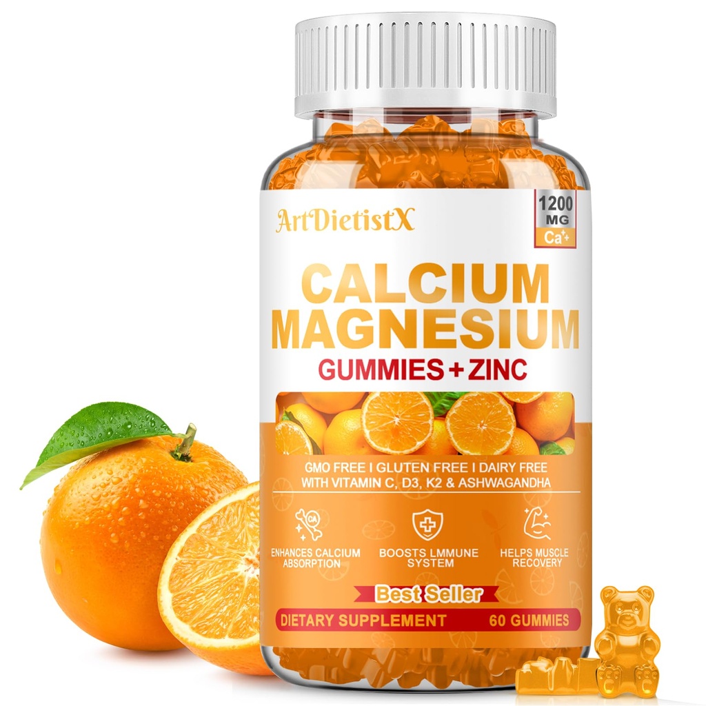1200mg Calcium Gummies w/Vitamin D3 for Adults - High Absorption Calcium Supplement with Magnesium, K2, Copper, Boron, Zinc and Ashwagandha, Support Bone & Muscle, Sugar-Free for Women Men, 60 Count