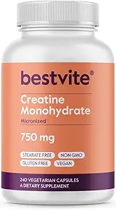 BESTVITE Creatine Monohydrate 750mg (240 Vegetarian Capsules) - Micronized - No Stearates - Vegan - Non GMO - No Gelatin - Gluten Free - Creatine Capsules
